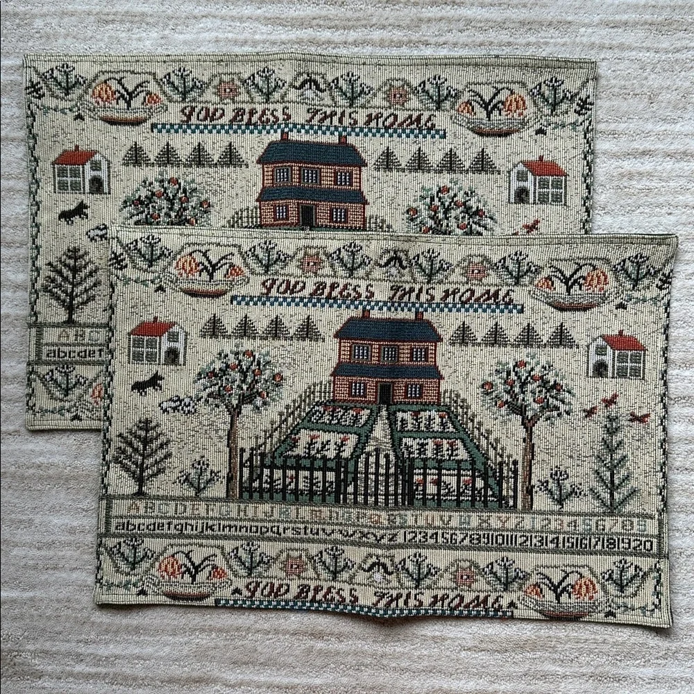 Set of 2 Vintage Style Handwoven Country Sampler Tapestry Place Mats Cottagecore